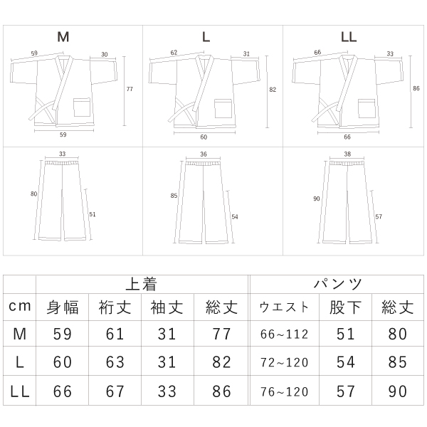 なごみヘンプのくつろぎ甚平サイズ